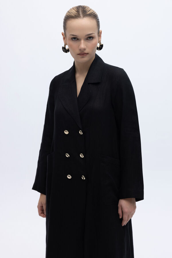 Tam Boy Kruvaze Keten Ceket Siyah - 2