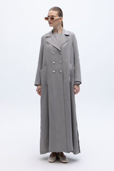 Tam Boy Kruvaze Keten Ceket Gri 