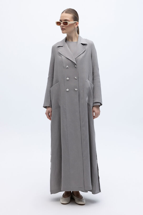 Tam Boy Kruvaze Keten Ceket Gri - 1