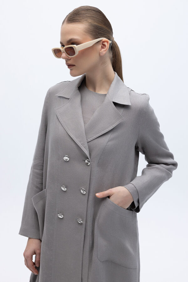 Tam Boy Kruvaze Keten Ceket Gri - 2