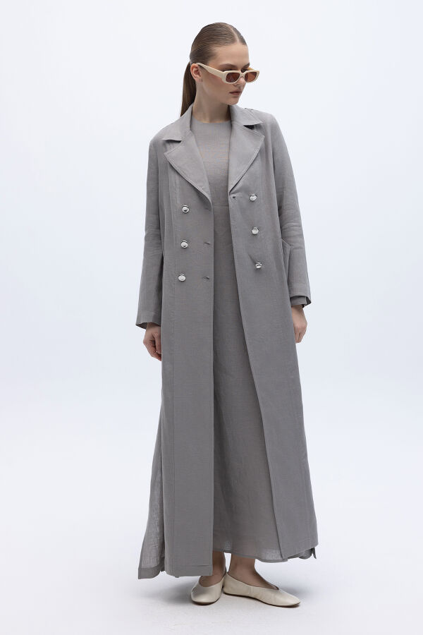 Tam Boy Kruvaze Keten Ceket Gri - 4