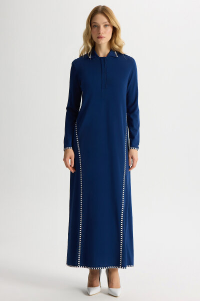 Tiktak Detaylı Gömlek Yaka Triko Elbise Navy 