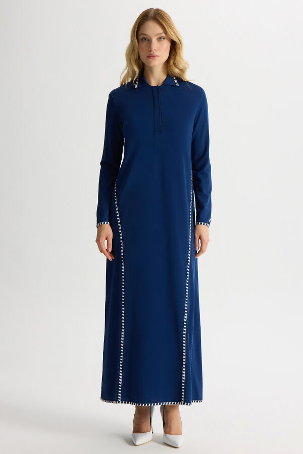 Tiktak Detaylı Gömlek Yaka Triko Elbise Navy - 1