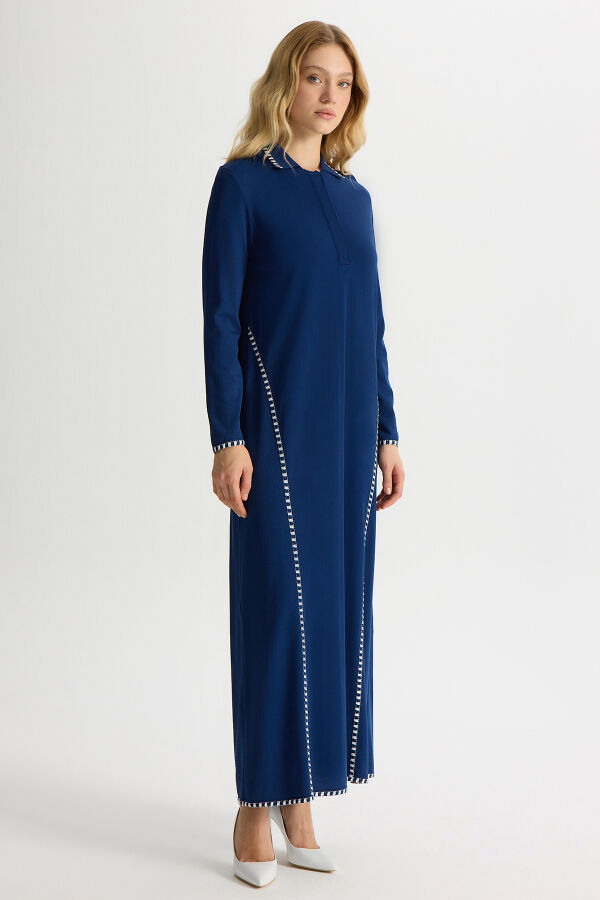 Tiktak Detaylı Gömlek Yaka Triko Elbise Navy - 2