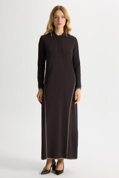 Tiktak Detaylı Gömlek Yaka Triko Elbise Kahverengi 