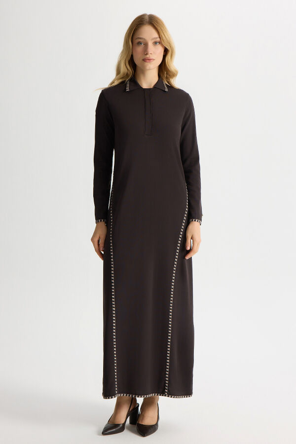 Tiktak Detaylı Gömlek Yaka Triko Elbise Kahverengi - 1