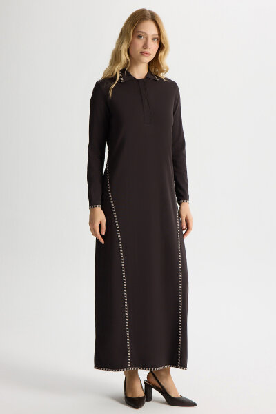 Tiktak Detaylı Gömlek Yaka Triko Elbise Kahverengi - 2