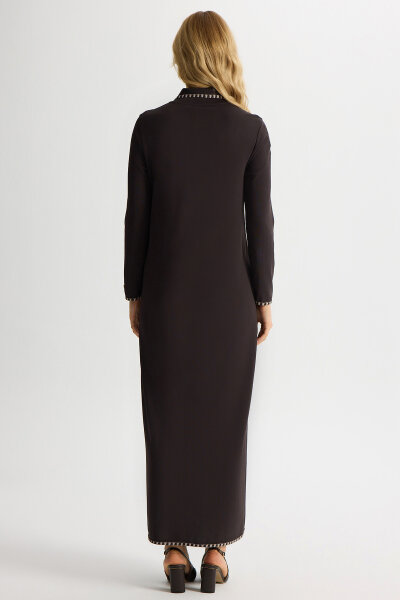 Tiktak Detaylı Gömlek Yaka Triko Elbise Kahverengi - 3