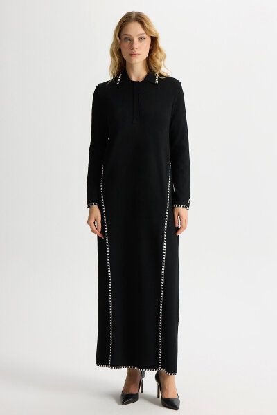 Tiktak Detaylı Gömlek Yaka Triko Elbise Siyah - 1