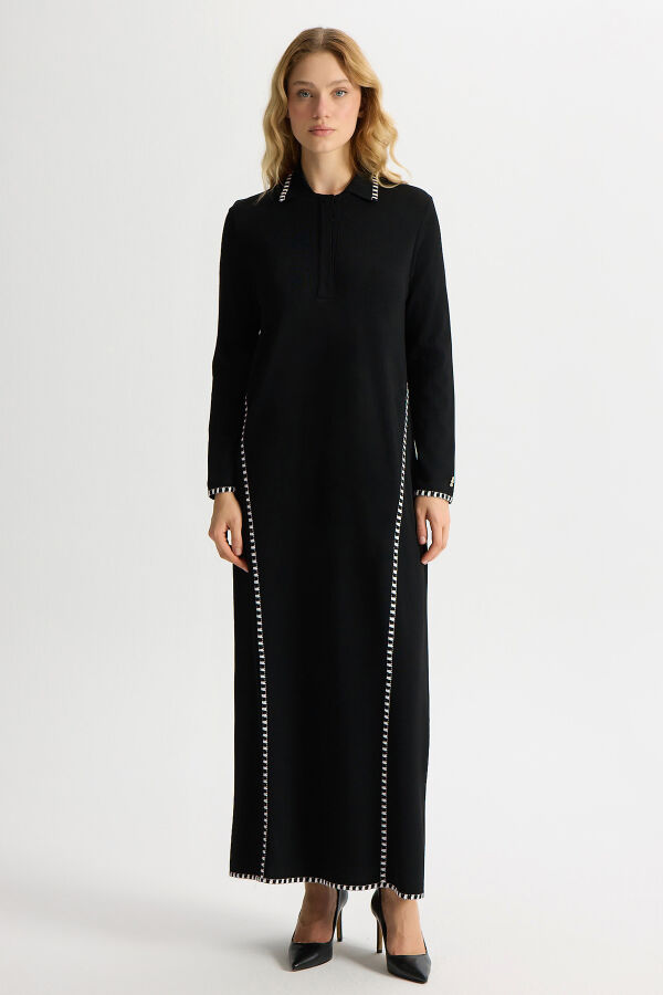 Tiktak Detaylı Gömlek Yaka Triko Elbise Siyah - 1