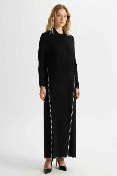 Tiktak Detaylı Gömlek Yaka Triko Elbise Siyah - 2