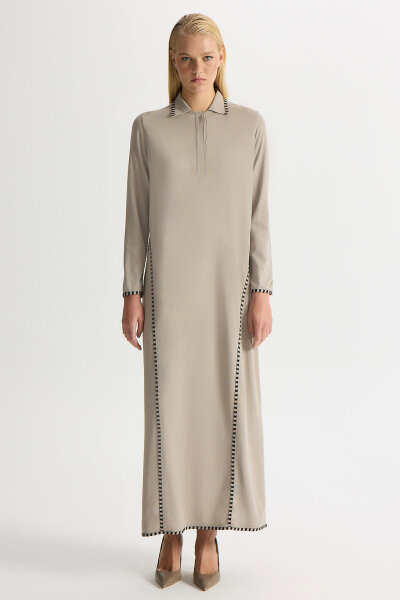 Shirt Collar Knit Dress with Ticktock Detail - MISS DALIDA