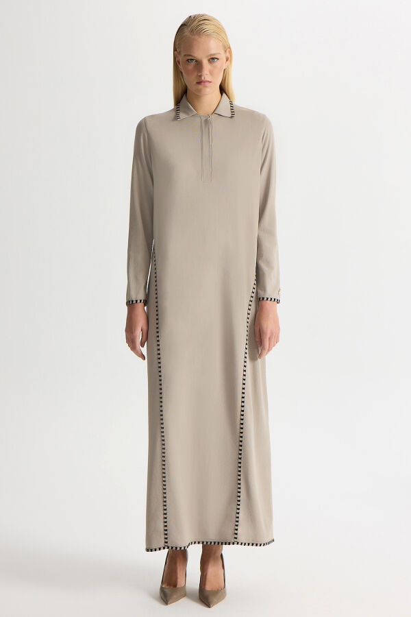 Tiktak Detaylı Gömlek Yaka Triko Elbise Stone - 1