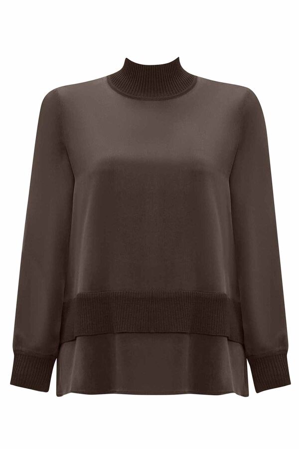 T26K-6002 Triko Bant Detaylı Cupro Tunik TAUPE - 1