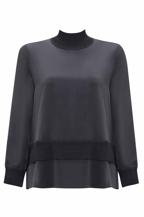 T26K-6002 Triko Bant Detaylı Cupro Tunik DARK GREY - 1