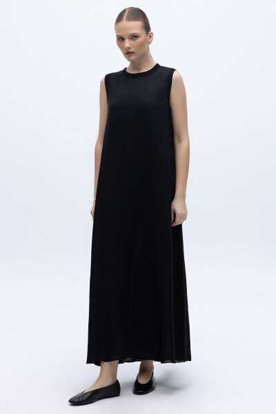 Triko Bantlı Kolsuz Keten Elbise Siyah 