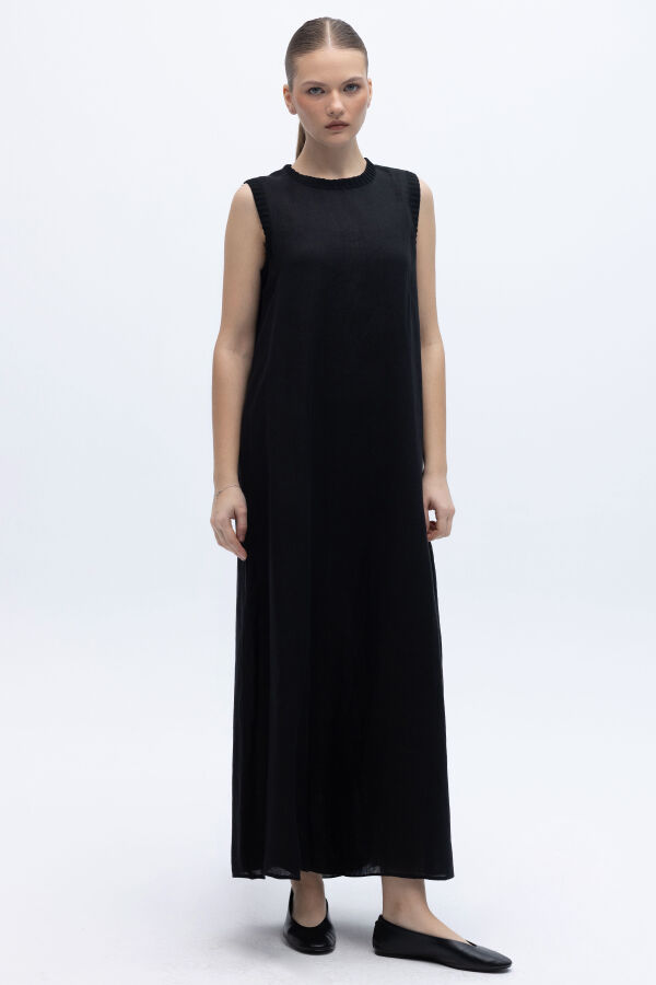 Triko Bantlı Kolsuz Keten Elbise Siyah - 2