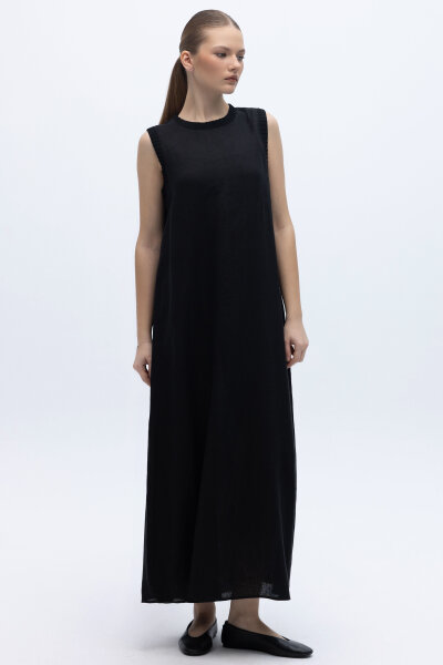 Triko Bantlı Kolsuz Keten Elbise Siyah - 3