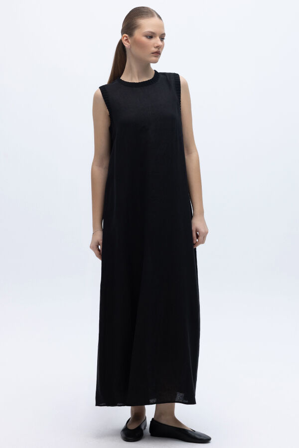 Triko Bantlı Kolsuz Keten Elbise Siyah - 3