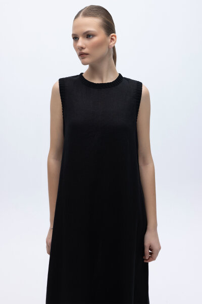 Triko Bantlı Kolsuz Keten Elbise Siyah - 4