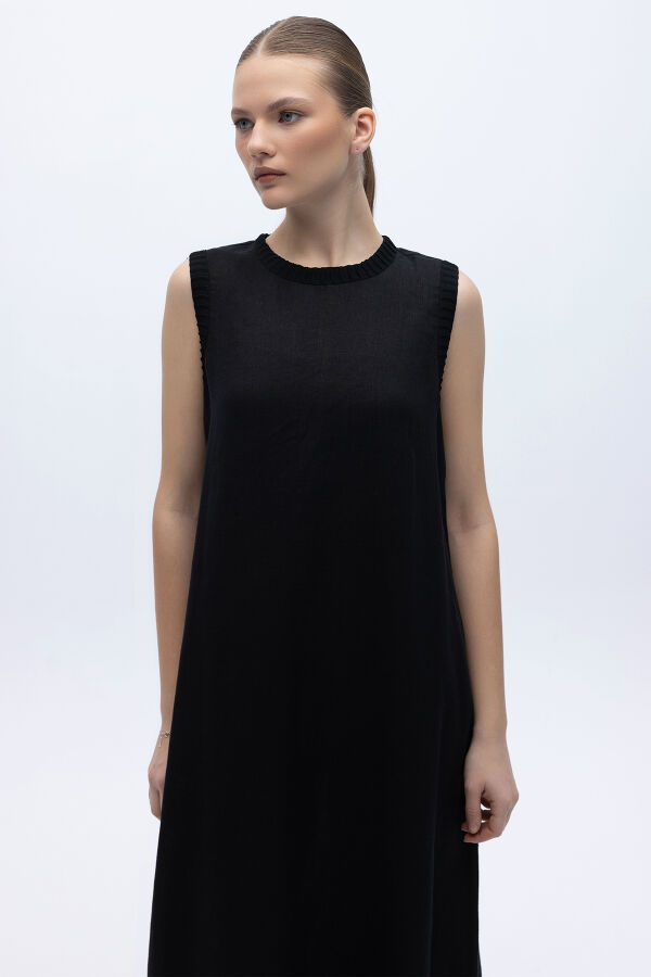 Triko Bantlı Kolsuz Keten Elbise Siyah - 4