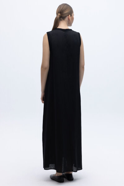 Triko Bantlı Kolsuz Keten Elbise Siyah - 5