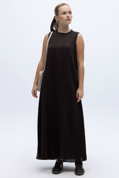 Triko Bantlı Kolsuz Keten Elbise Kahverengi 