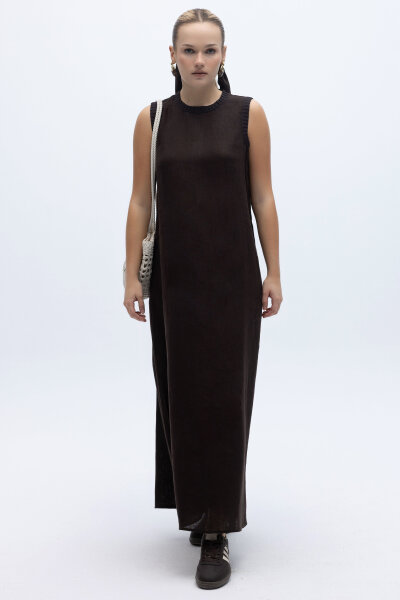 Triko Bantlı Kolsuz Keten Elbise Kahverengi - 2