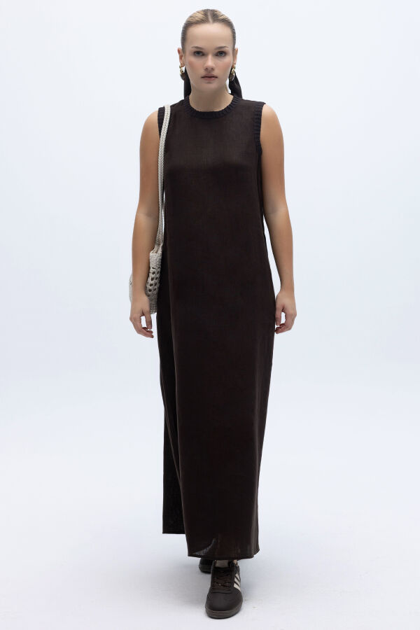 Triko Bantlı Kolsuz Keten Elbise Kahverengi - 2