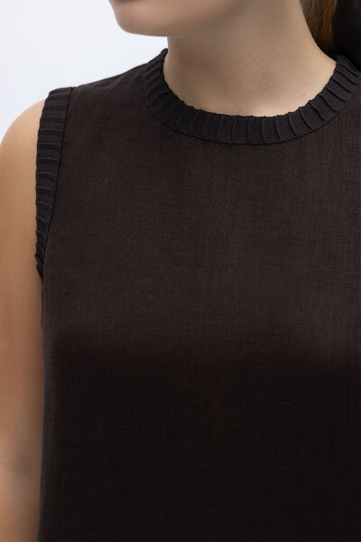 Triko Bantlı Kolsuz Keten Elbise Kahverengi - 3