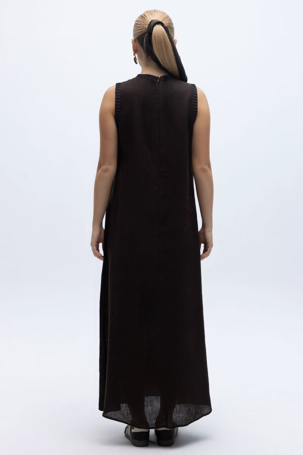 Triko Bantlı Kolsuz Keten Elbise Kahverengi - 4