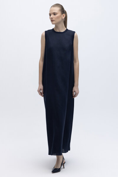 Triko Bantlı Kolsuz Keten Elbise Lacivert 