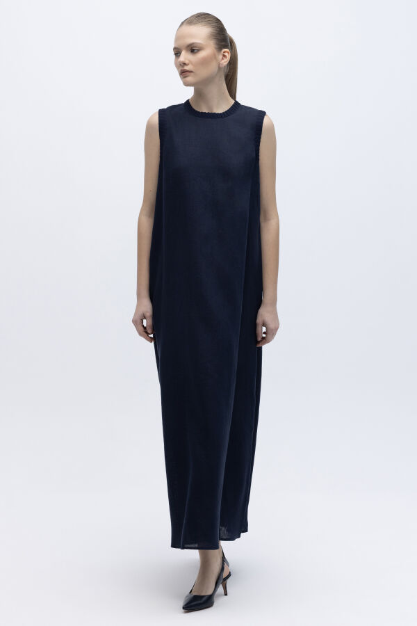 Triko Bantlı Kolsuz Keten Elbise Lacivert - 1