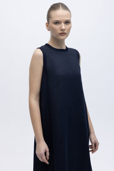 Triko Bantlı Kolsuz Keten Elbise Lacivert - 2