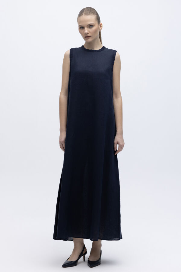 Triko Bantlı Kolsuz Keten Elbise Lacivert - 5