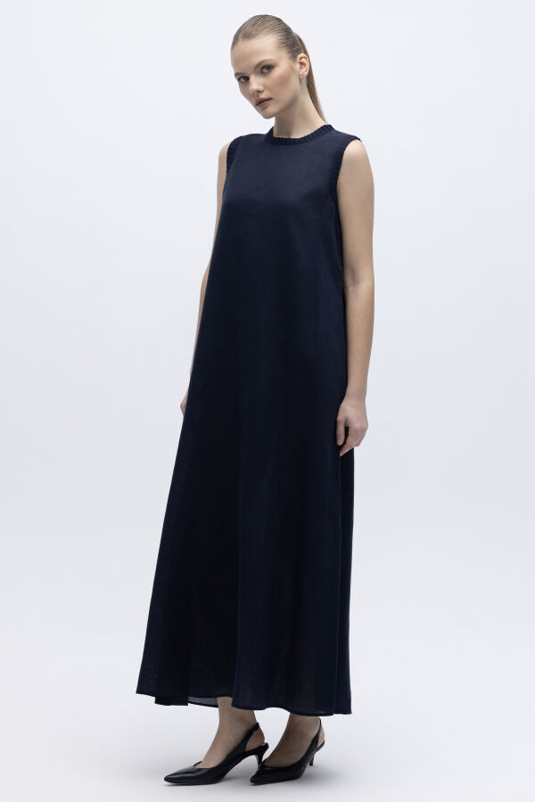 Triko Bantlı Kolsuz Keten Elbise Lacivert - 6