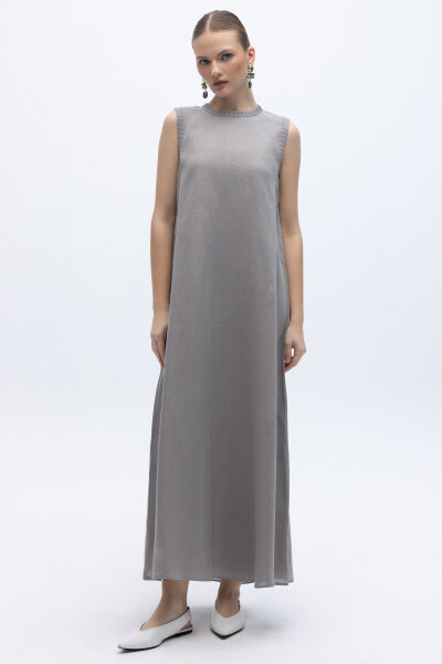 Triko Bantlı Kolsuz Keten Elbise Gri - 1