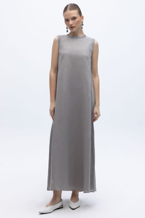 Triko Bantlı Kolsuz Keten Elbise Gri - 1