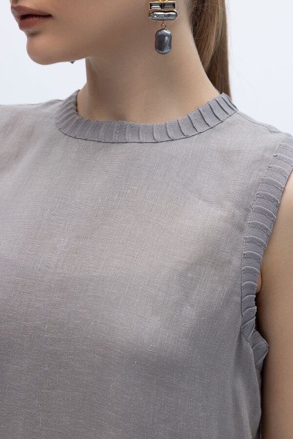 Triko Bantlı Kolsuz Keten Elbise Gri - 3