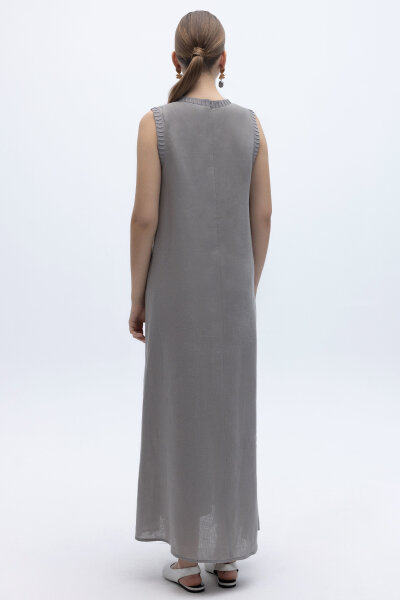 Triko Bantlı Kolsuz Keten Elbise Gri - 4