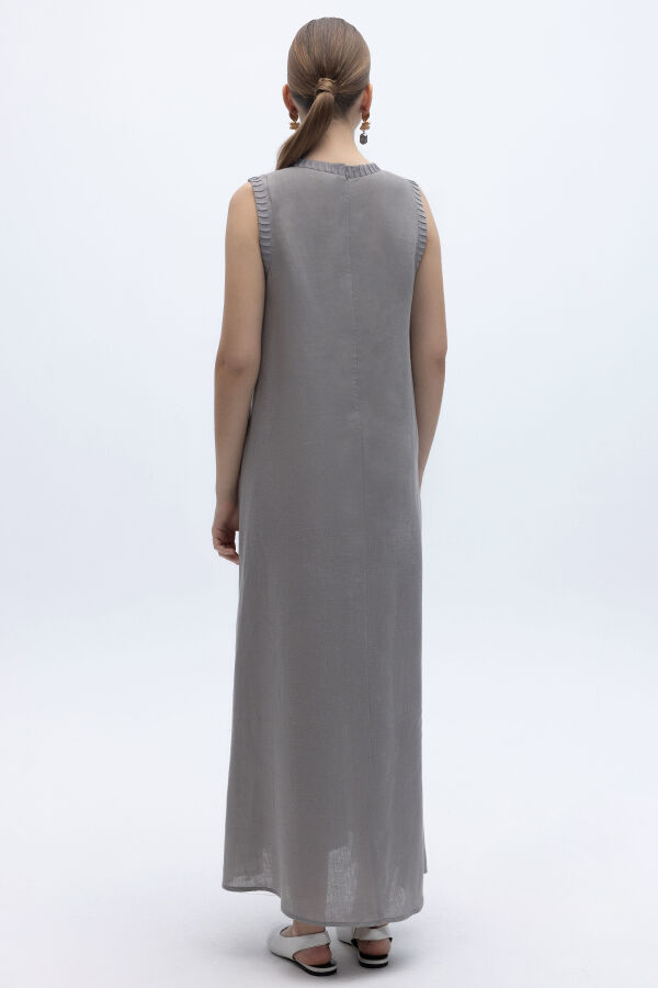 Triko Bantlı Kolsuz Keten Elbise Gri - 4