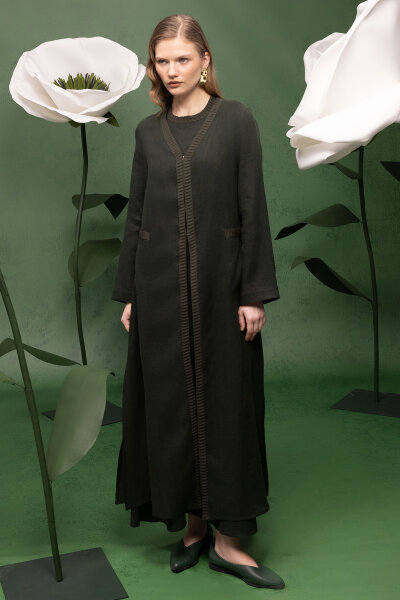 Triko Bantlı Kolsuz Keten Elbise Haki 