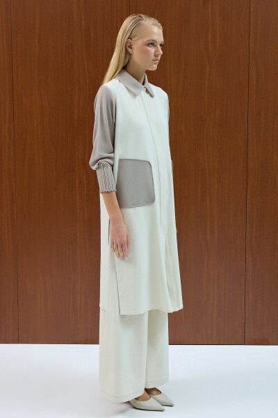 Triko Detaylı Denim Spor Kap Ekru - 2