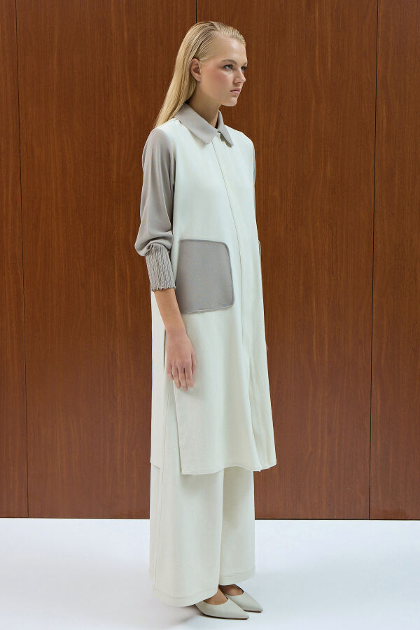 Triko Detaylı Denim Spor Kap Ekru - 2