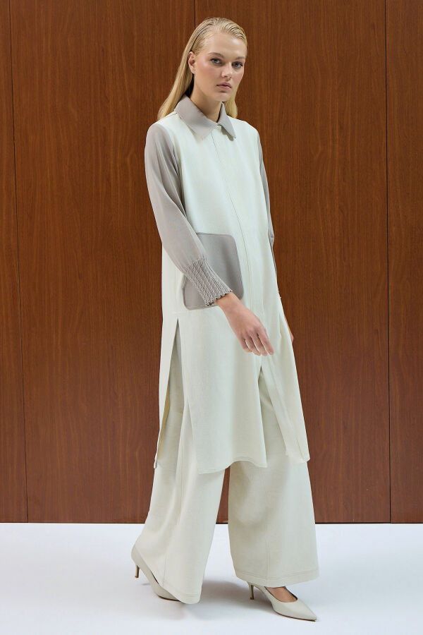 Triko Detaylı Denim Spor Kap Ekru - 3