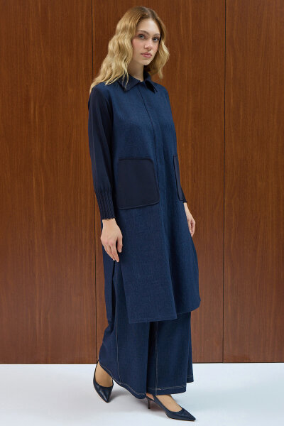 Triko Detaylı Denim Spor Kap Navy - 3