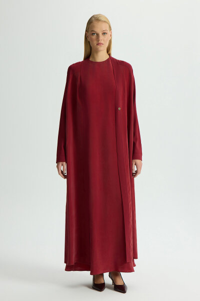 Triko Detaylı V Yaka Cupro Kap Cherry - 1