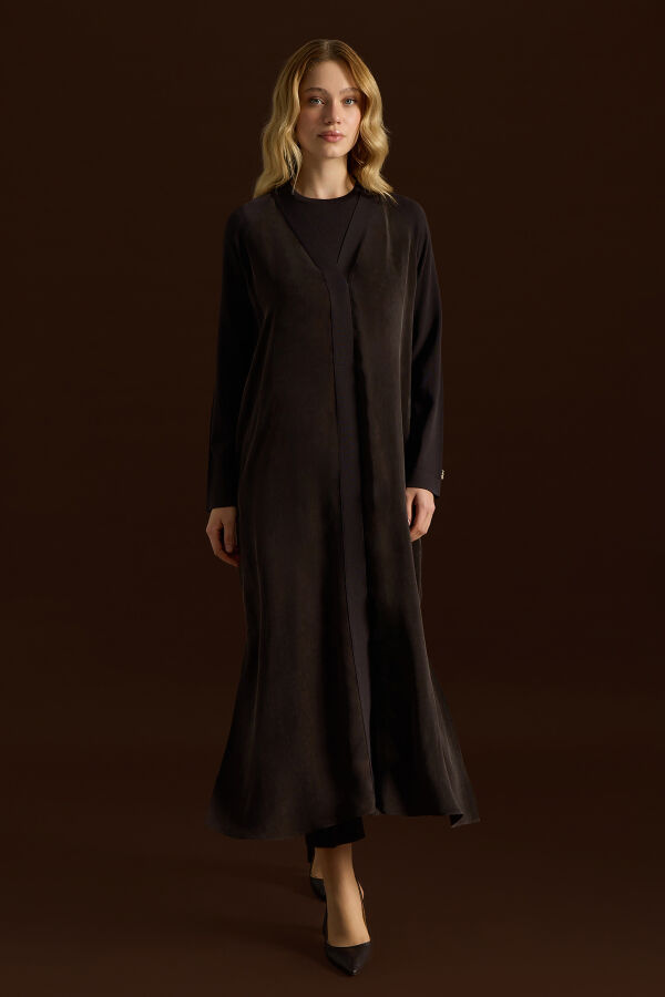 Triko Detaylı V Yaka Cupro Kap Kahverengi - 1