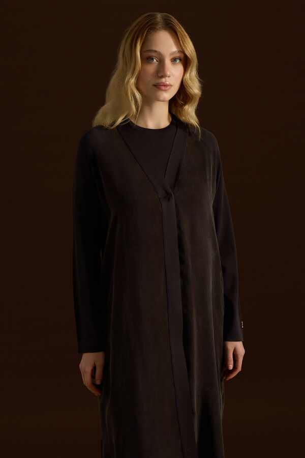 Triko Detaylı V Yaka Cupro Kap Kahverengi - 2