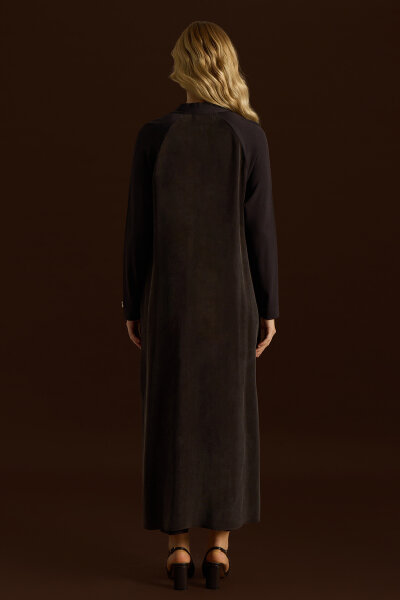 Triko Detaylı V Yaka Cupro Kap Kahverengi - 3